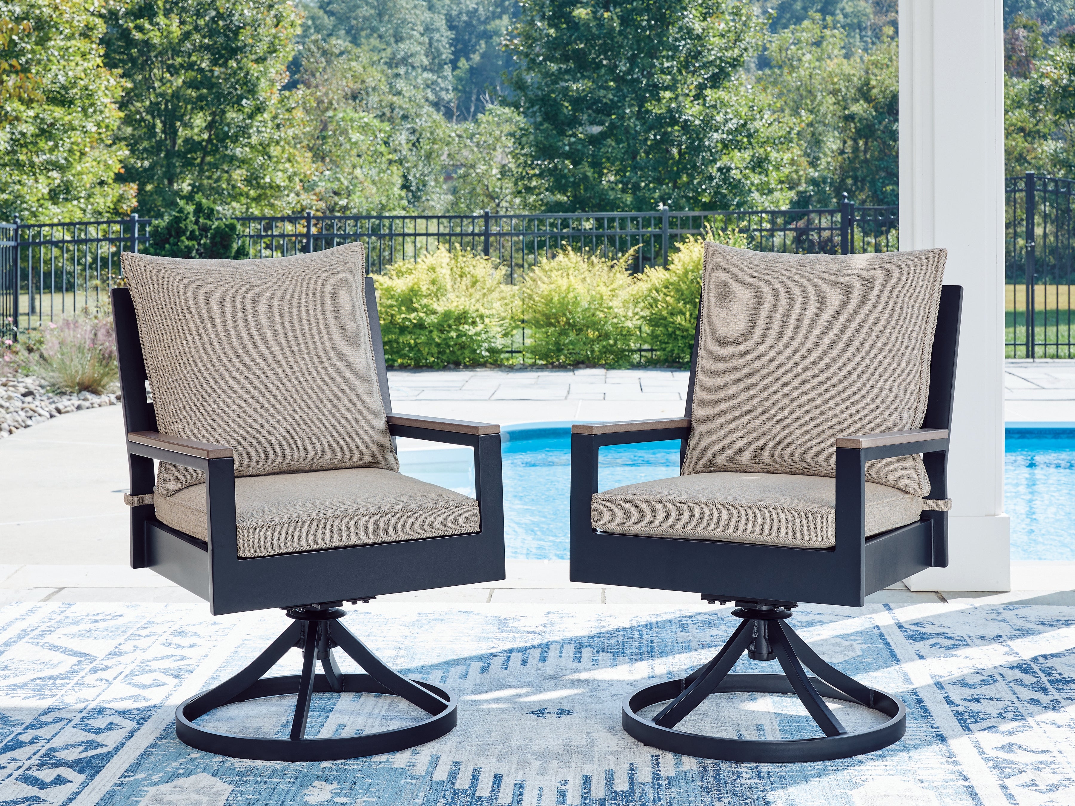 A2Z Furniture - Ashley Furniture - East Beach Outdoor - Swivel Chair w/Cushion (Set of 2) / Navy Blue/Driftwood - PCP587-602A