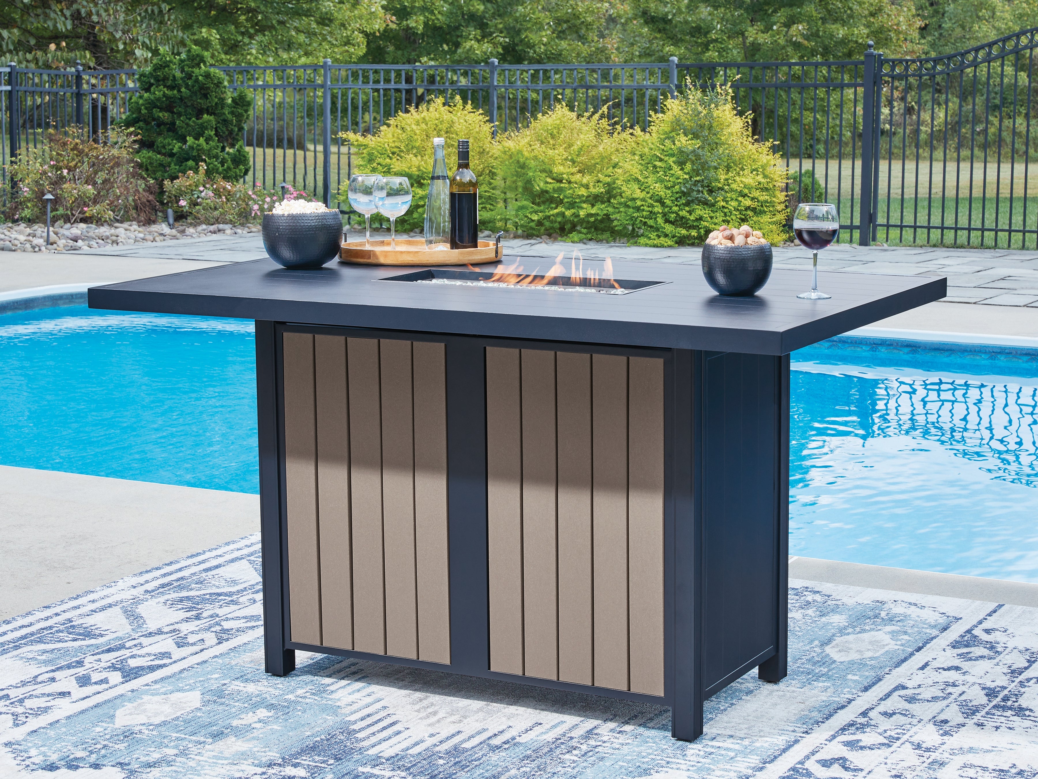 A2Z Furniture - Ashley Furniture - East Beach Outdoor - RECT Bar Table w/Fire Pit / Navy Blue/Driftwood - PCP587-665