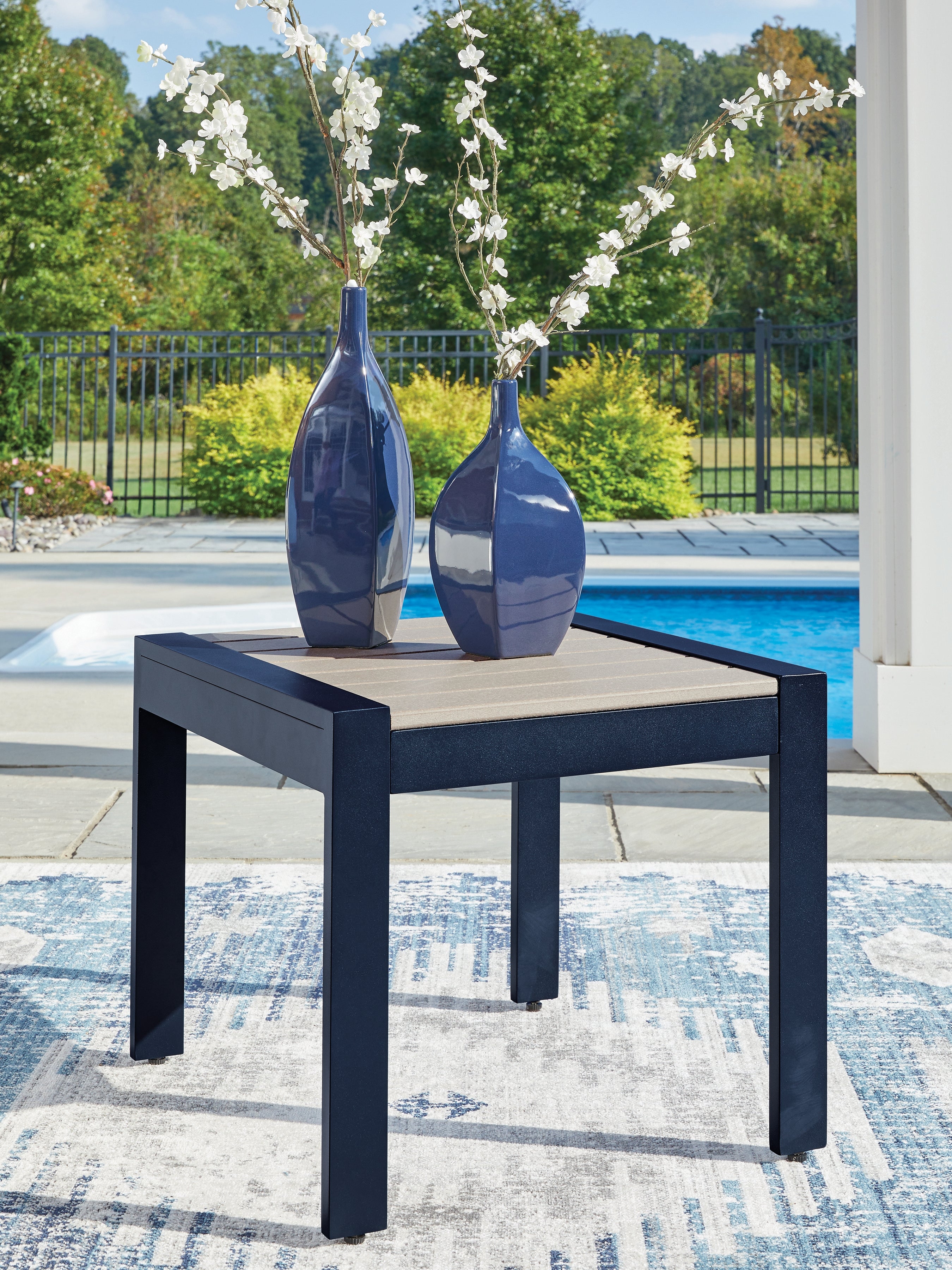 A2Z Furniture - Ashley Furniture - East Beach Outdoor - Rectangular End Table / Navy Blue/Driftwood - PCP587-703