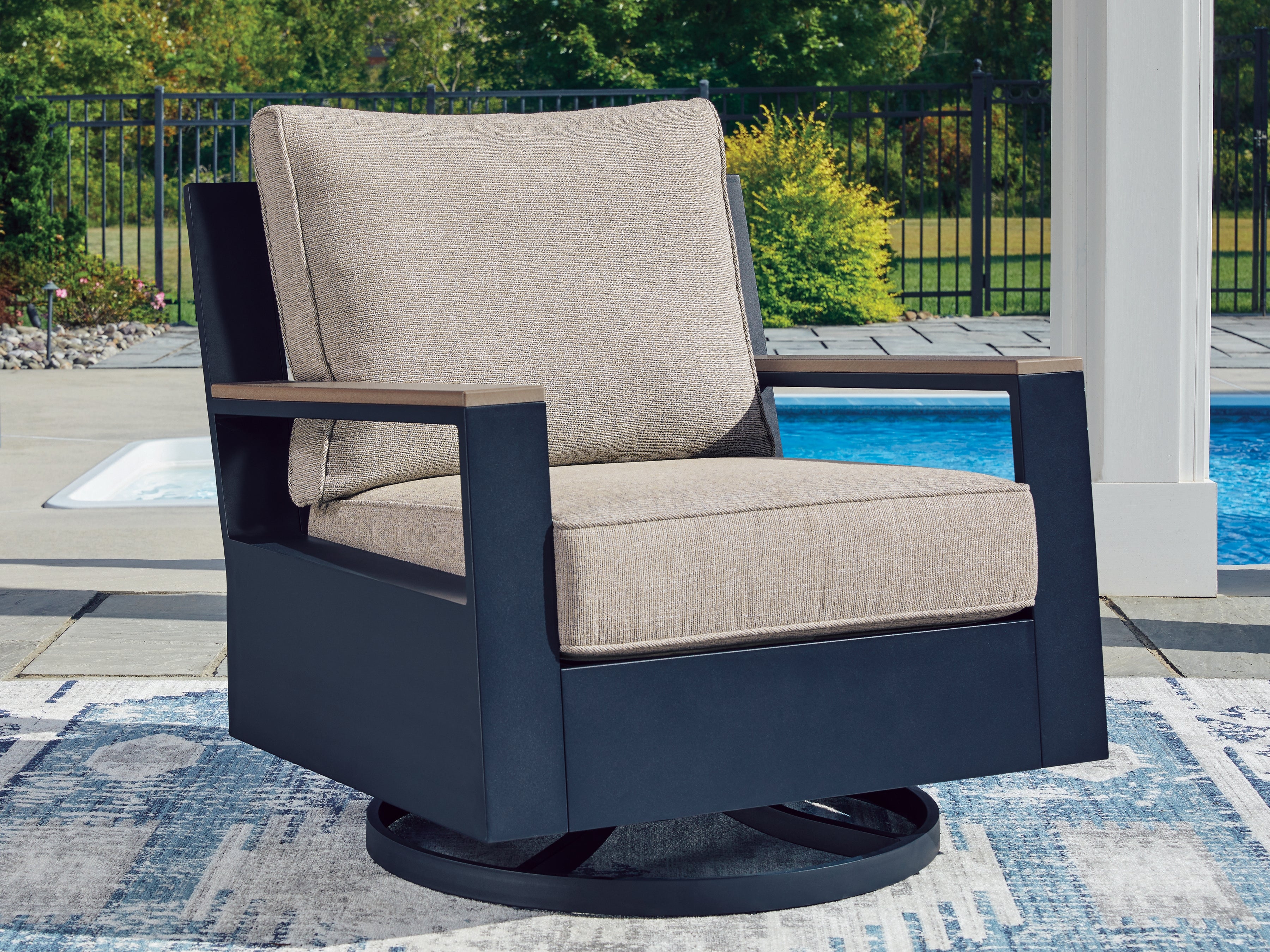 A2Z Furniture - Ashley Furniture - East Beach Outdoor - Swivel Glider Chair w/Cushion / Navy Blue/Driftwood - PCP587-821