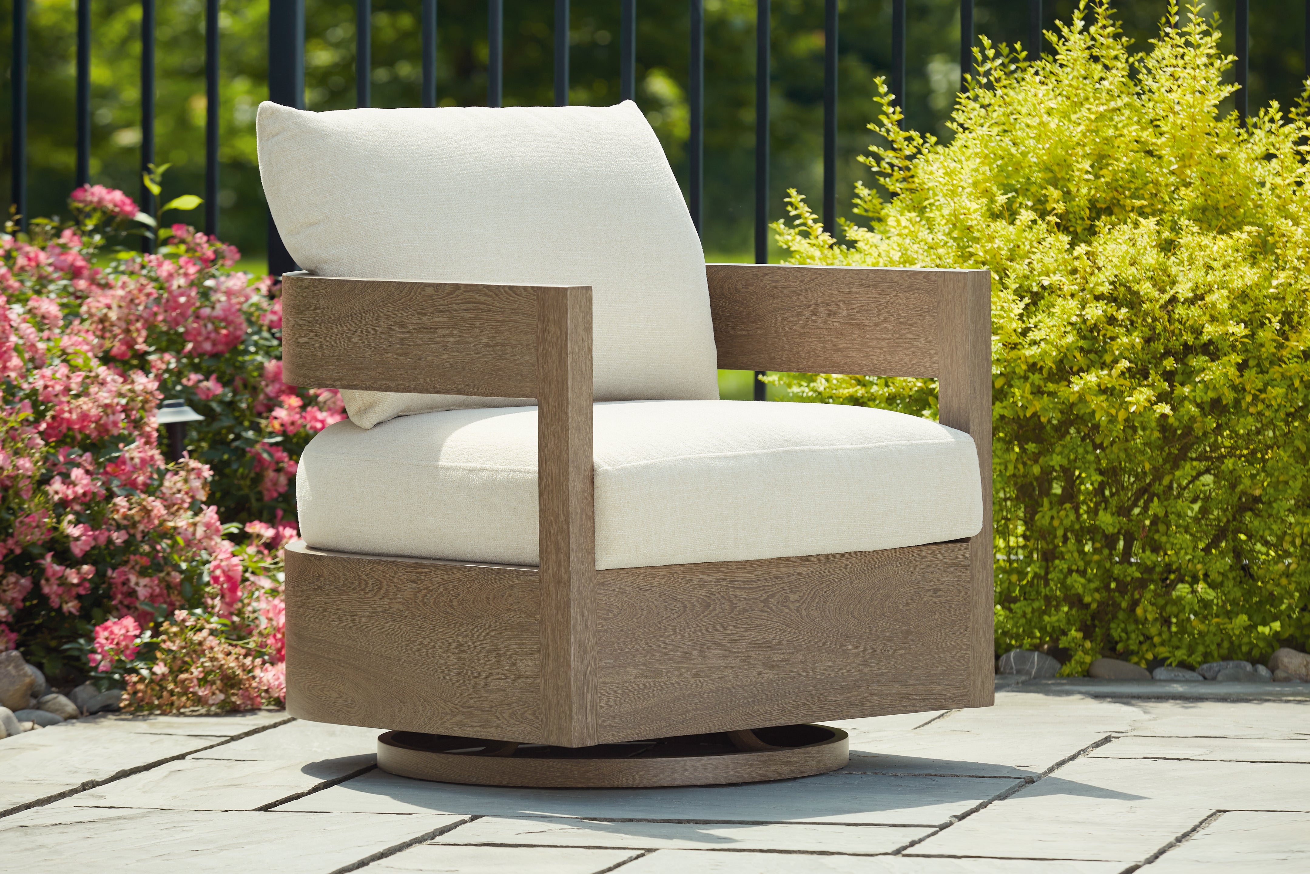 A2Z Furniture - Ashley Furniture - Serene Bay Outdoor - Swivel Glider Chair w/Cushion / Dark Brown/White - P671-821