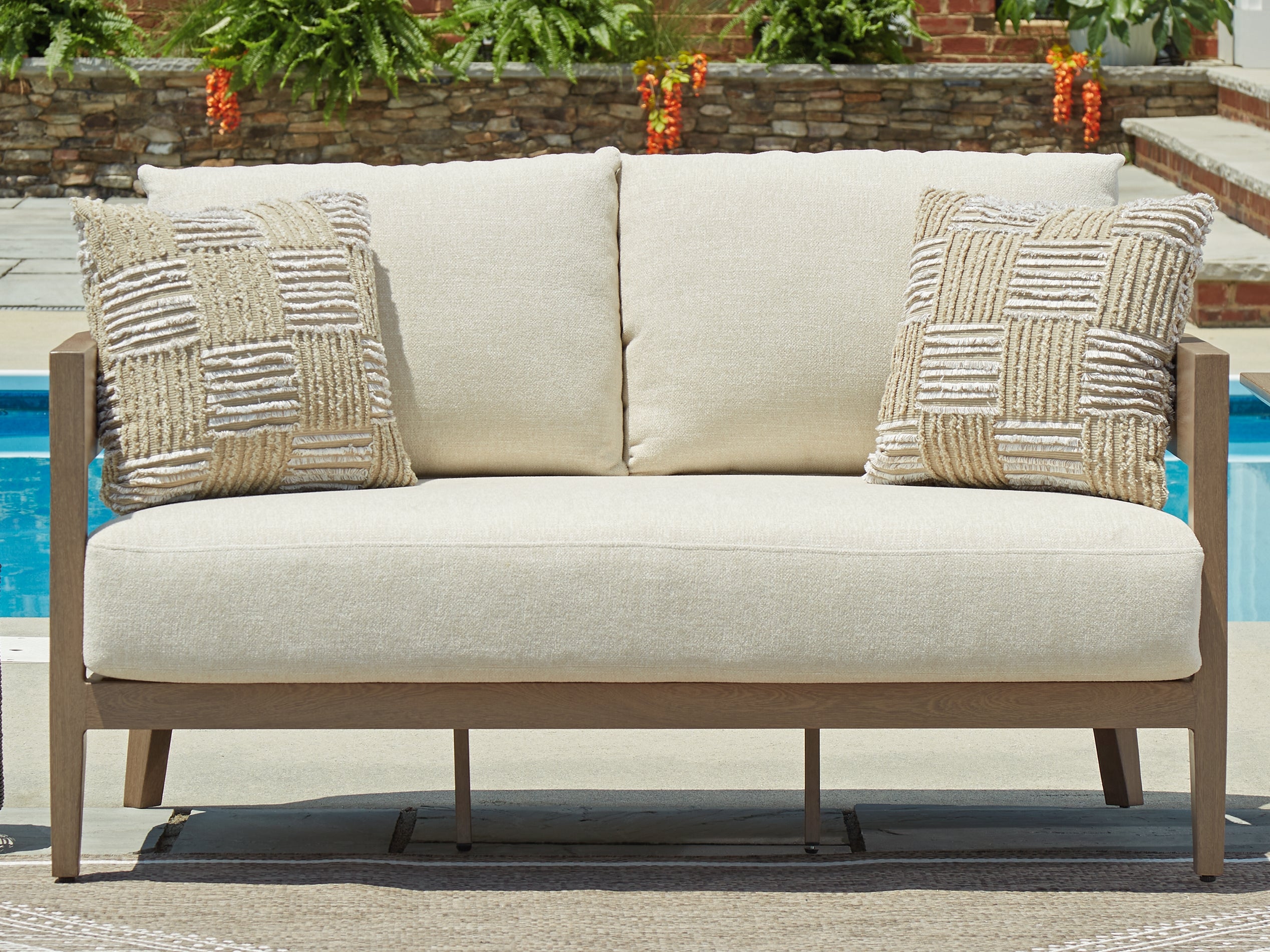 A2Z Furniture - Ashley Furniture - Serene Bay Outdoor - Loveseat w/Cushion / Dark Brown/White - P671-835