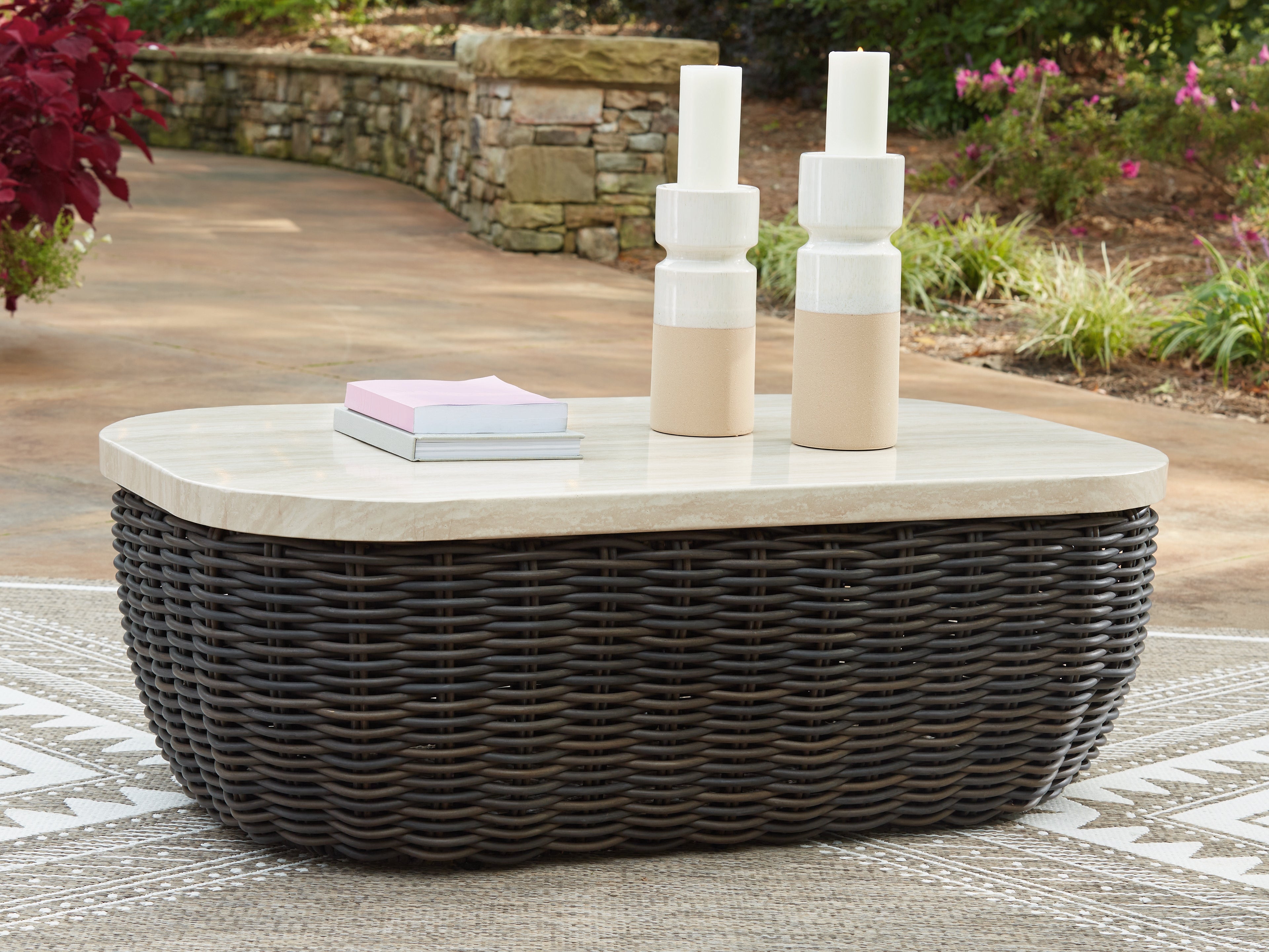 A2Z Furniture - Ashley Furniture - Kimora Outdoor - Rectangular Cocktail Table / Beige/Dark Brown - P711-701