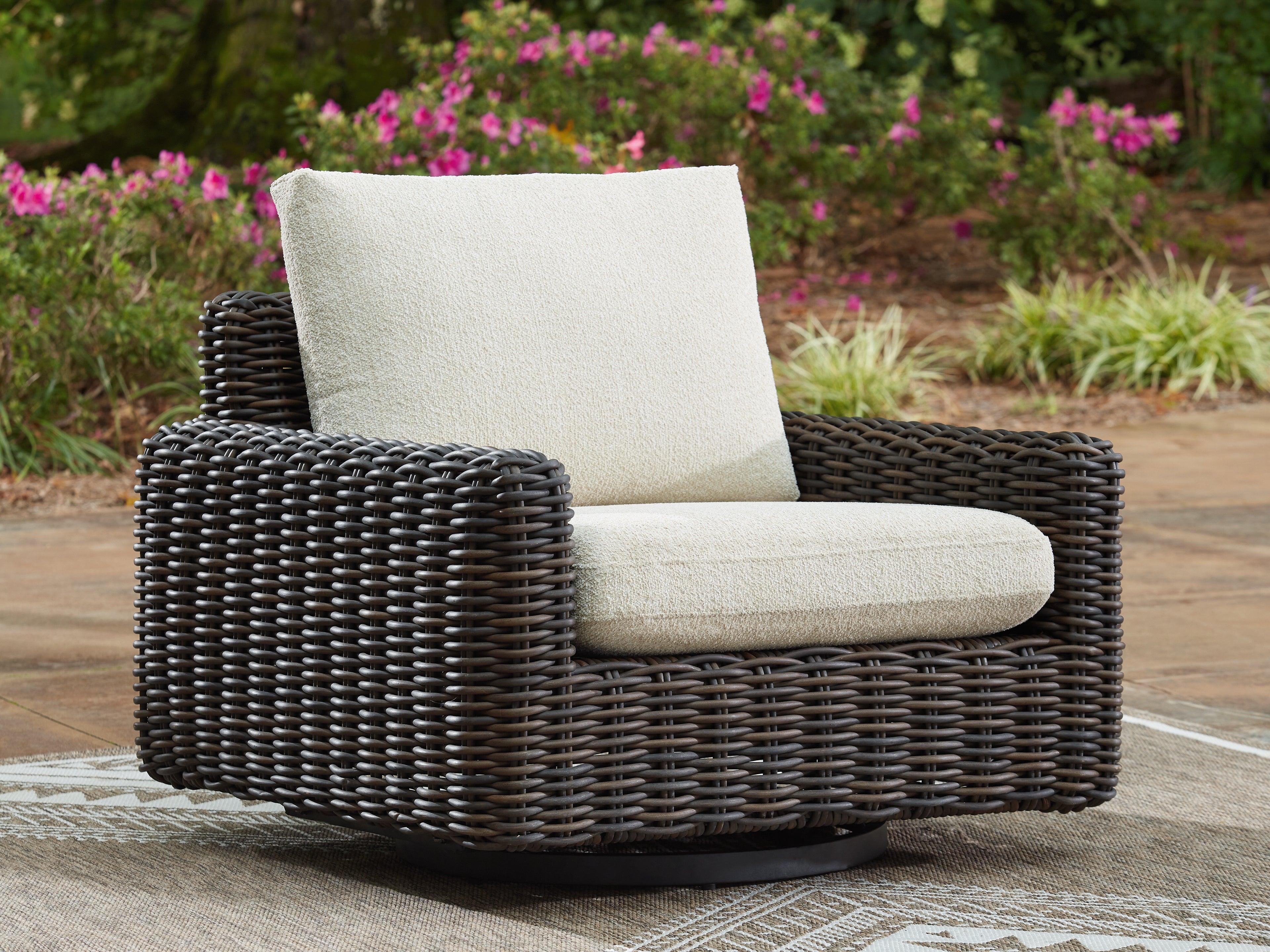 A2Z Furniture - Ashley Furniture - Kimora Outdoor - Swivel Glider Lounge w/Cushion / Beige/Dark Brown - P711-821