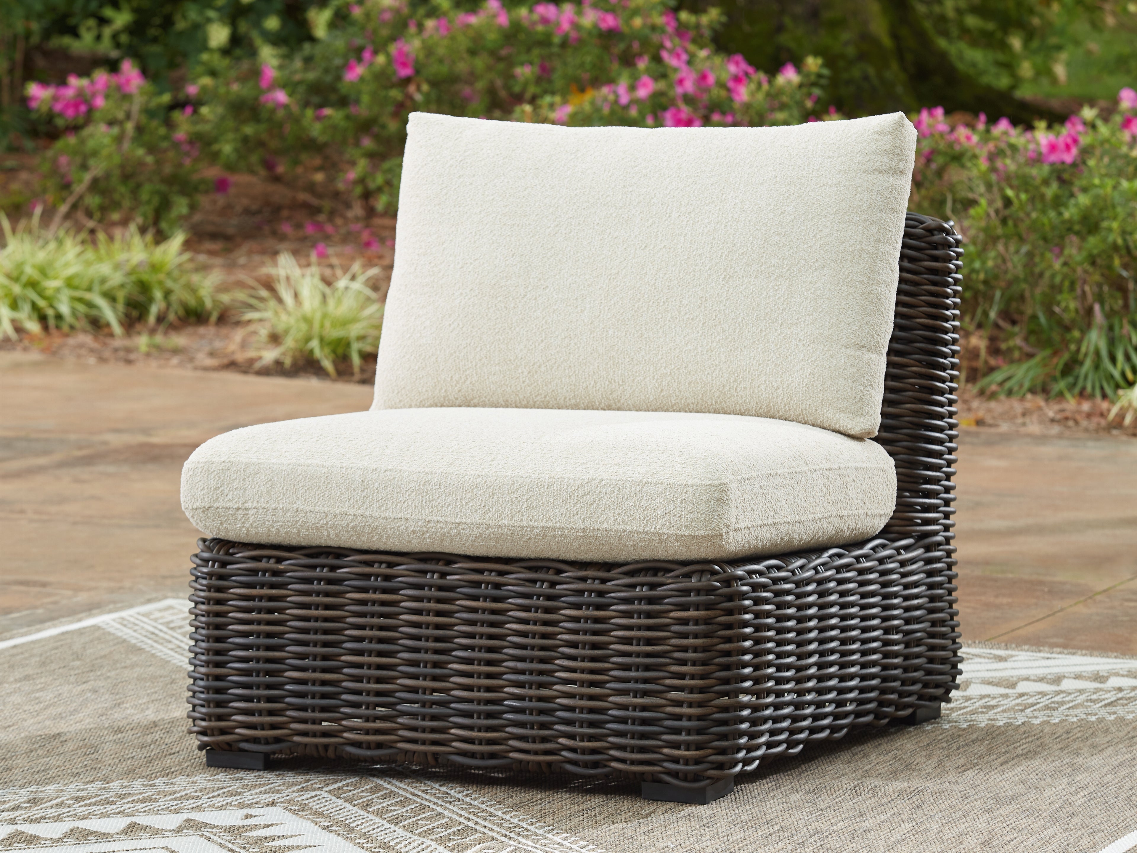A2Z Furniture - Ashley Furniture - Kimora Outdoor - Armless Chair w/Cushion / Beige/Dark Brown - P711-846