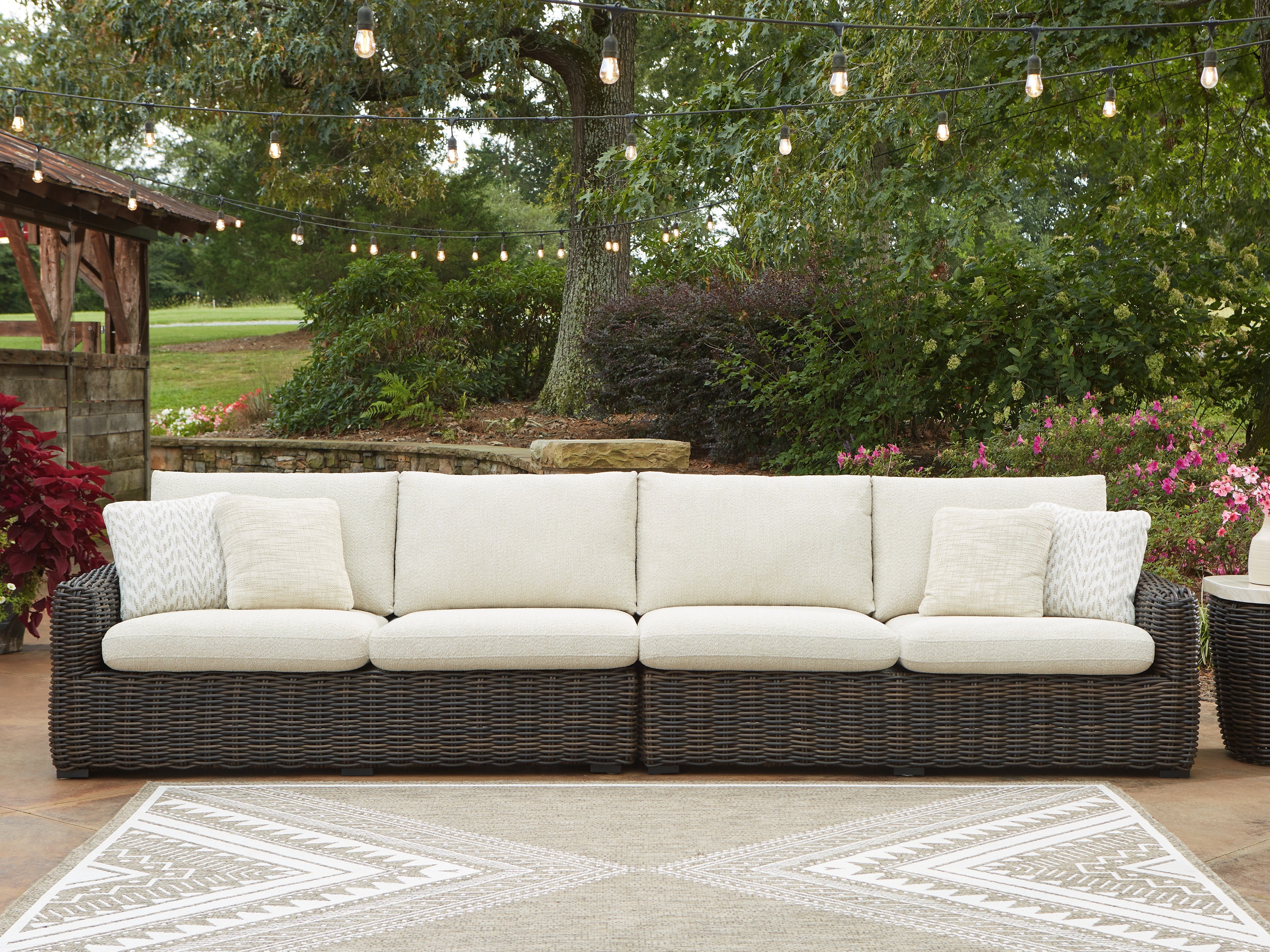 A2Z Furniture - Ashley Furniture - Kimora Outdoor - RAF/LAF Loveseat w/CUSH (Set of 2) / Beige/Dark Brown - P711-854