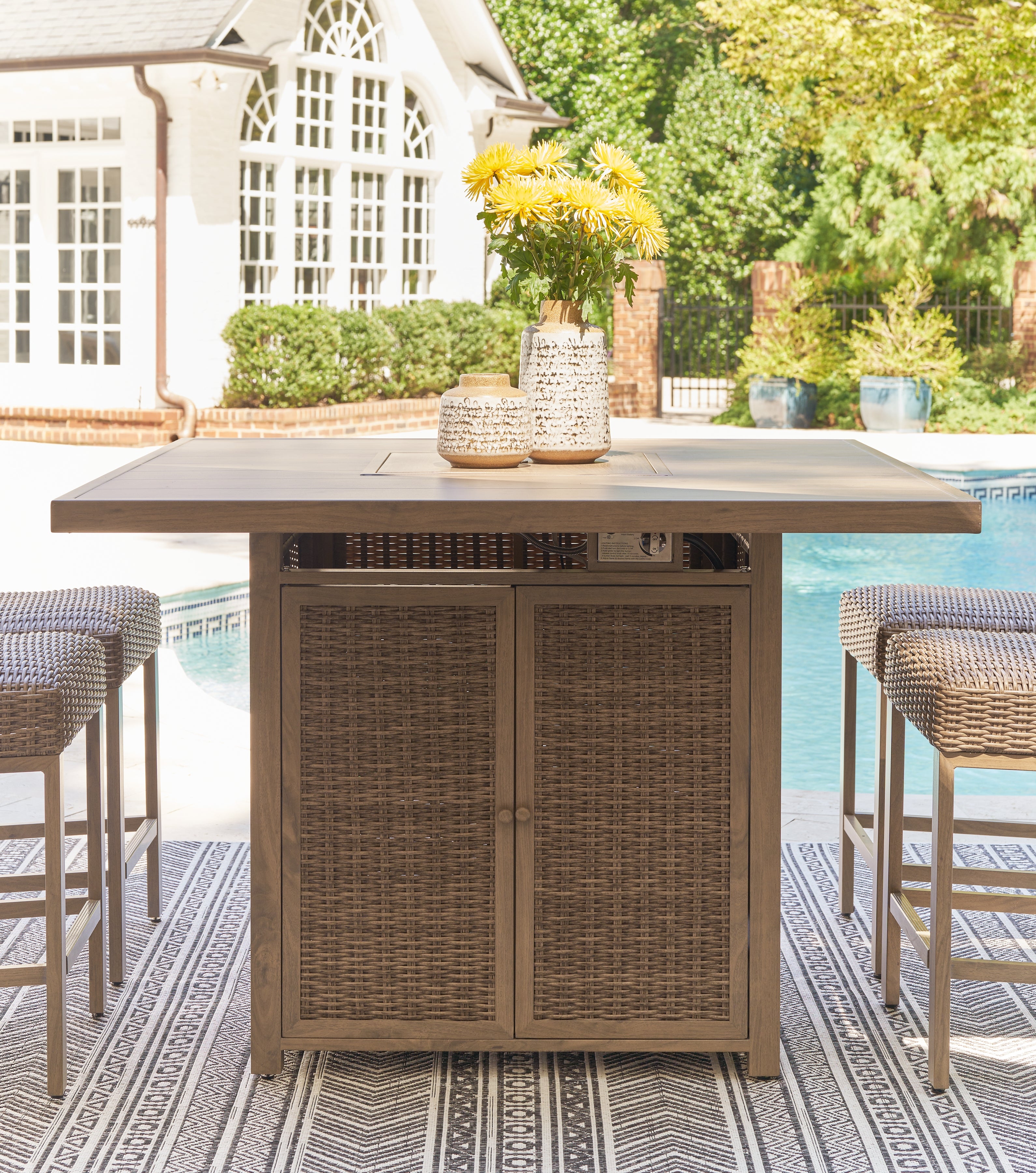A2Z Furniture - Ashley Furniture - Walton Bridge Outdoor - Square Bar Table w/Fire Pit / Driftwood - P749-665
