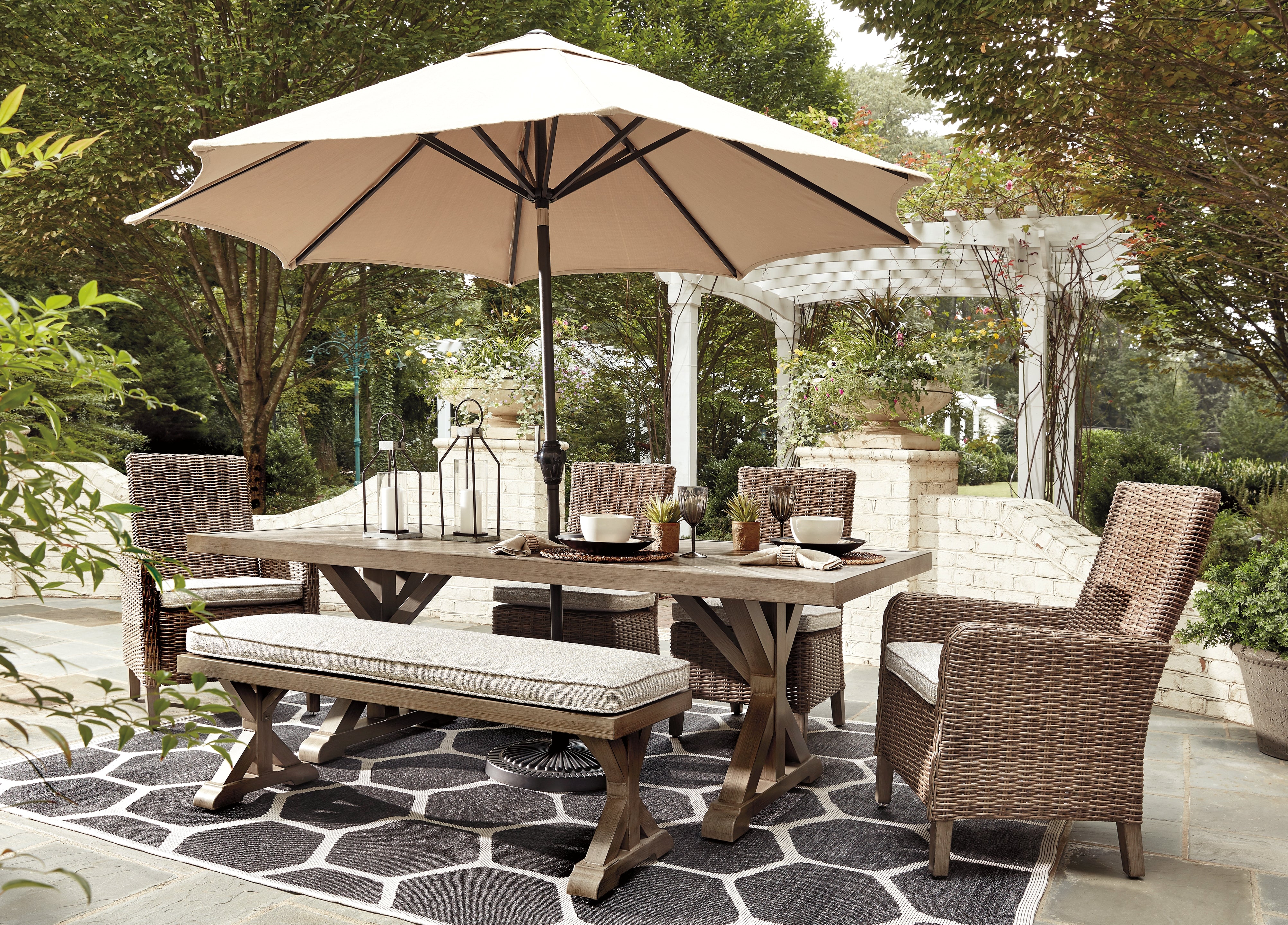 A2Z Furniture - Ashley Furniture - Beachcroft Outdoor - RECT Dining Table w/UMB OPT / Beige - P791-625