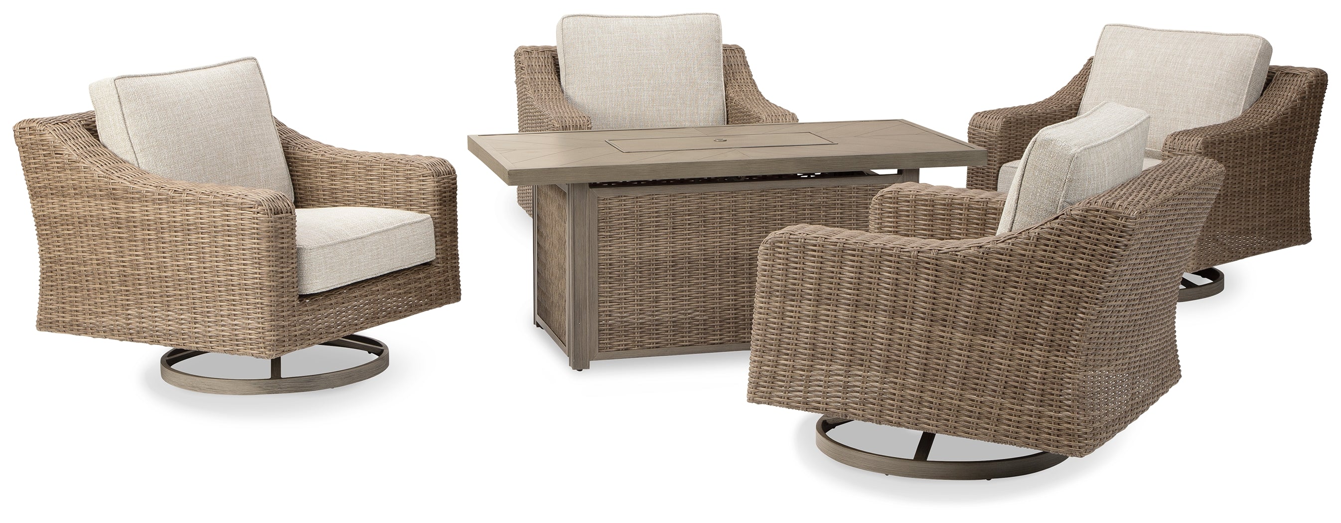 A2Z Furniture - Ashley Furniture - Beachcroft Outdoor - 5-Piece Outdoor Fire Pit Table with 4 Chairs / Beige - P791P17