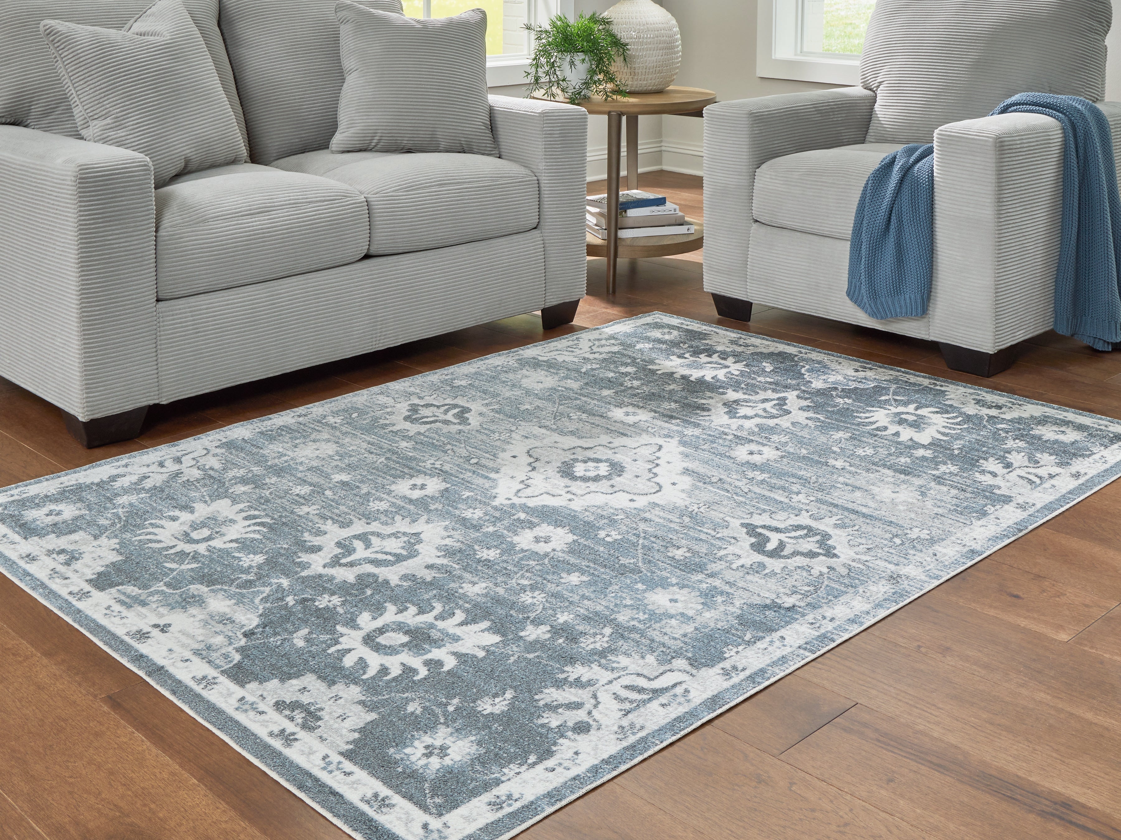 A2Z Furniture - Ashley Furniture - Avanworths Rug - Washable 5'3" x 7' Area Rug / Blue/Gray/Ivory - R407792