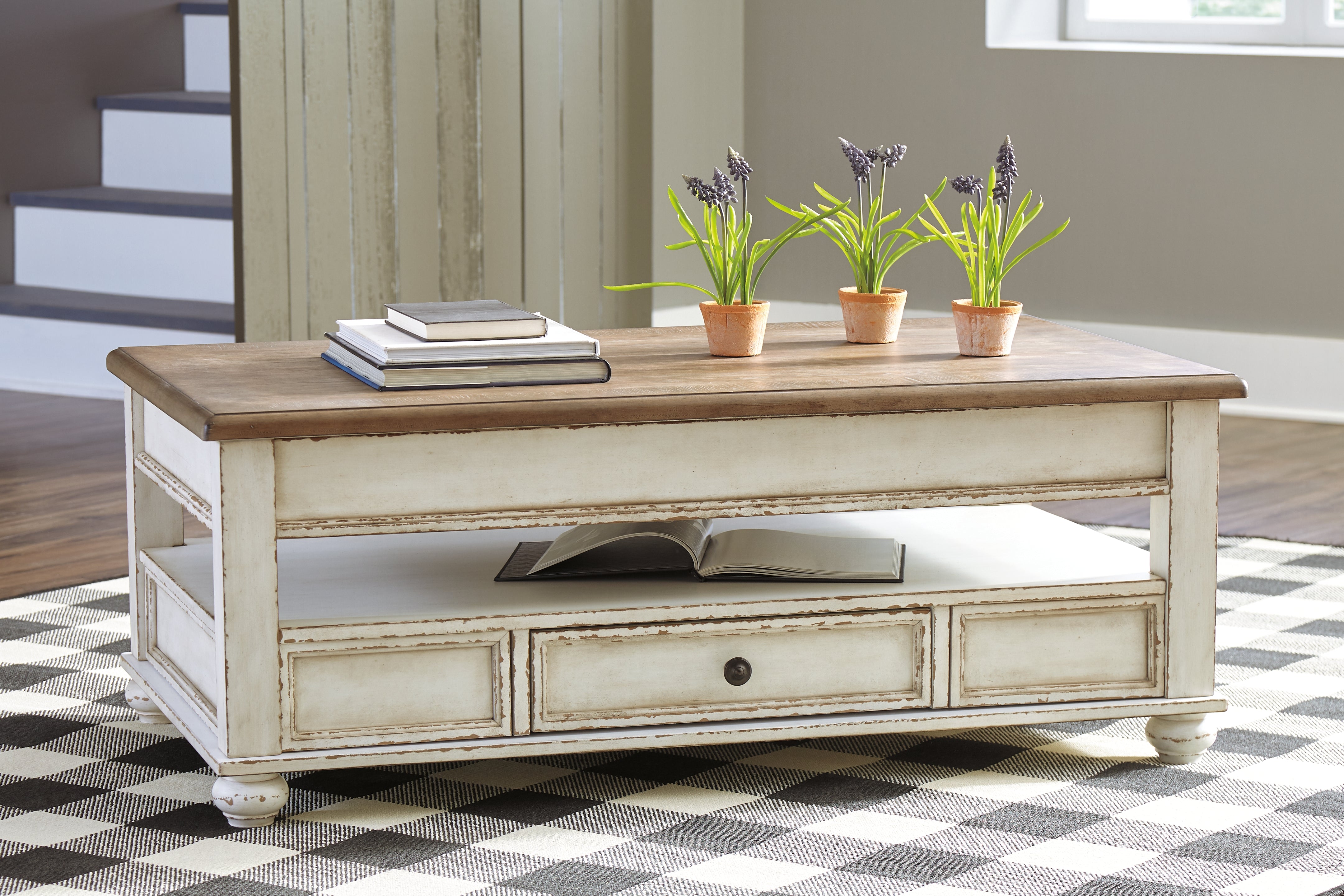 A2Z Furniture - Ashley Furniture - Realyn Coffee Table with Lift Top - Lift Top Cocktail Table / White/Brown - T523-9