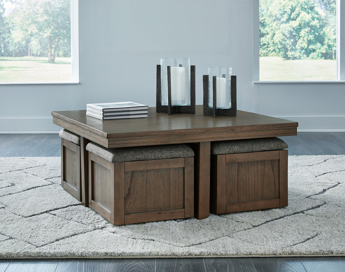 A2Z Furniture - Ashley Furniture - Boardernest Coffee Table with 4 Stools - Cocktail TBL w/4 Stools (5/CN) / Brown - T738-20