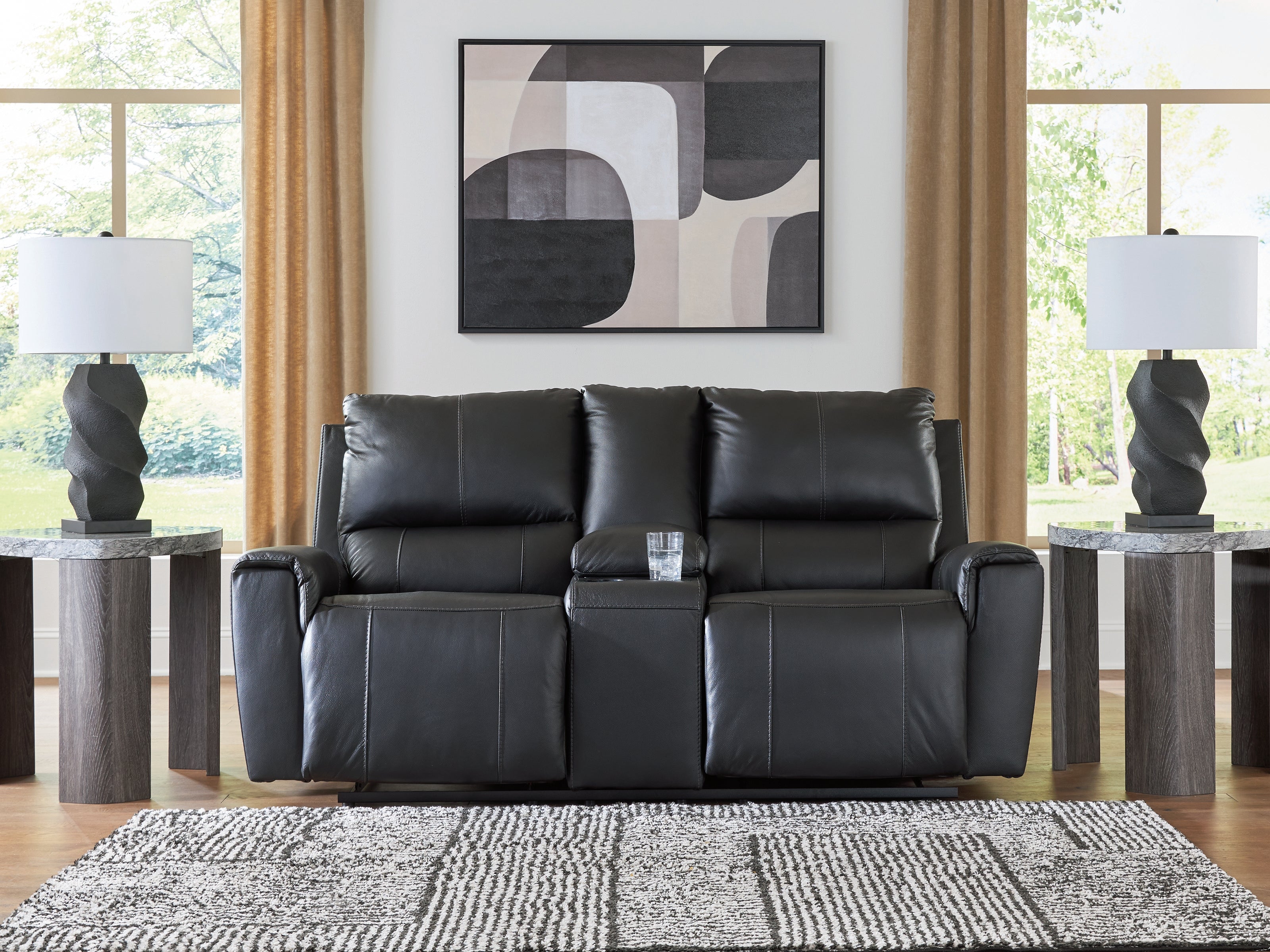 A2Z Furniture - Ashley Furniture - Glossmore Living Room - DBL Rec Loveseat w/Console / Black - PCU1170094