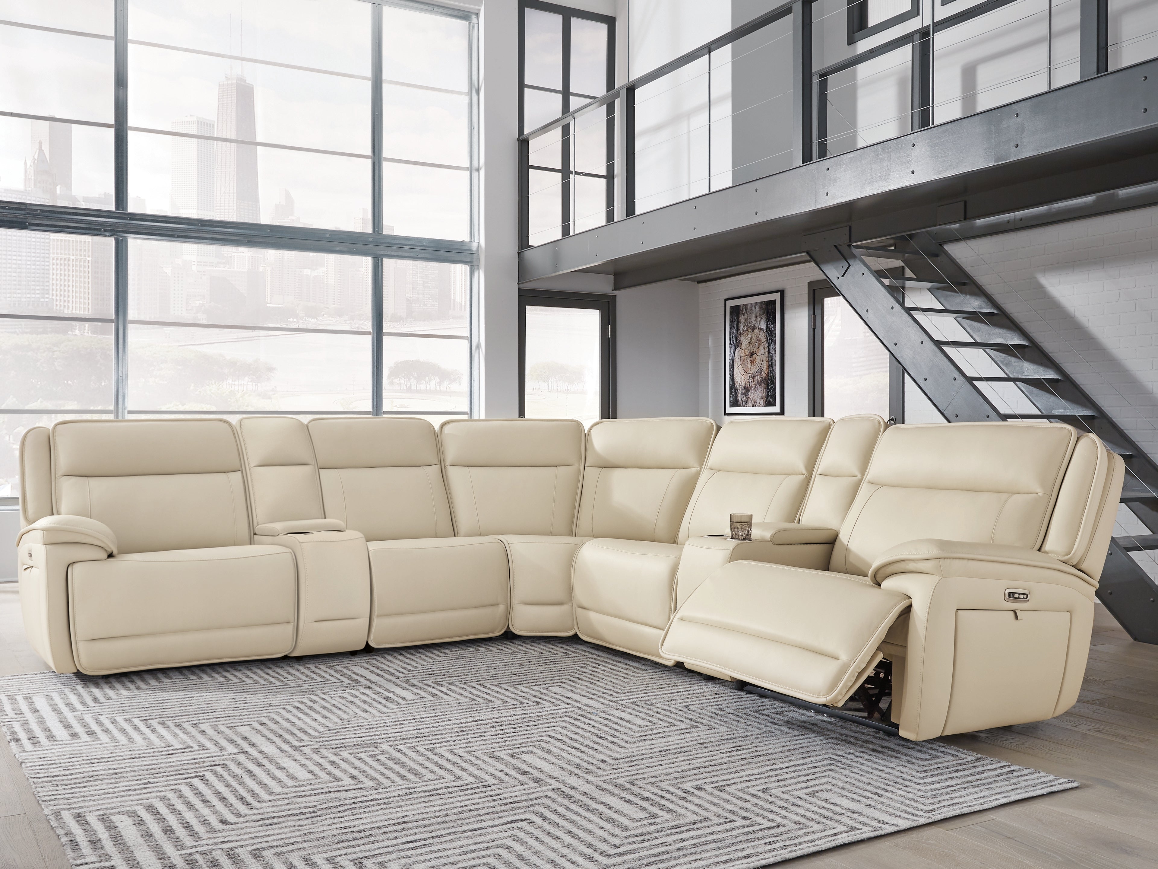 A2Z Furniture - Ashley Furniture - Double Deal Sectional - 7-Piece Reclining Sectional with 2 Consoles / Almond - U13001S9
