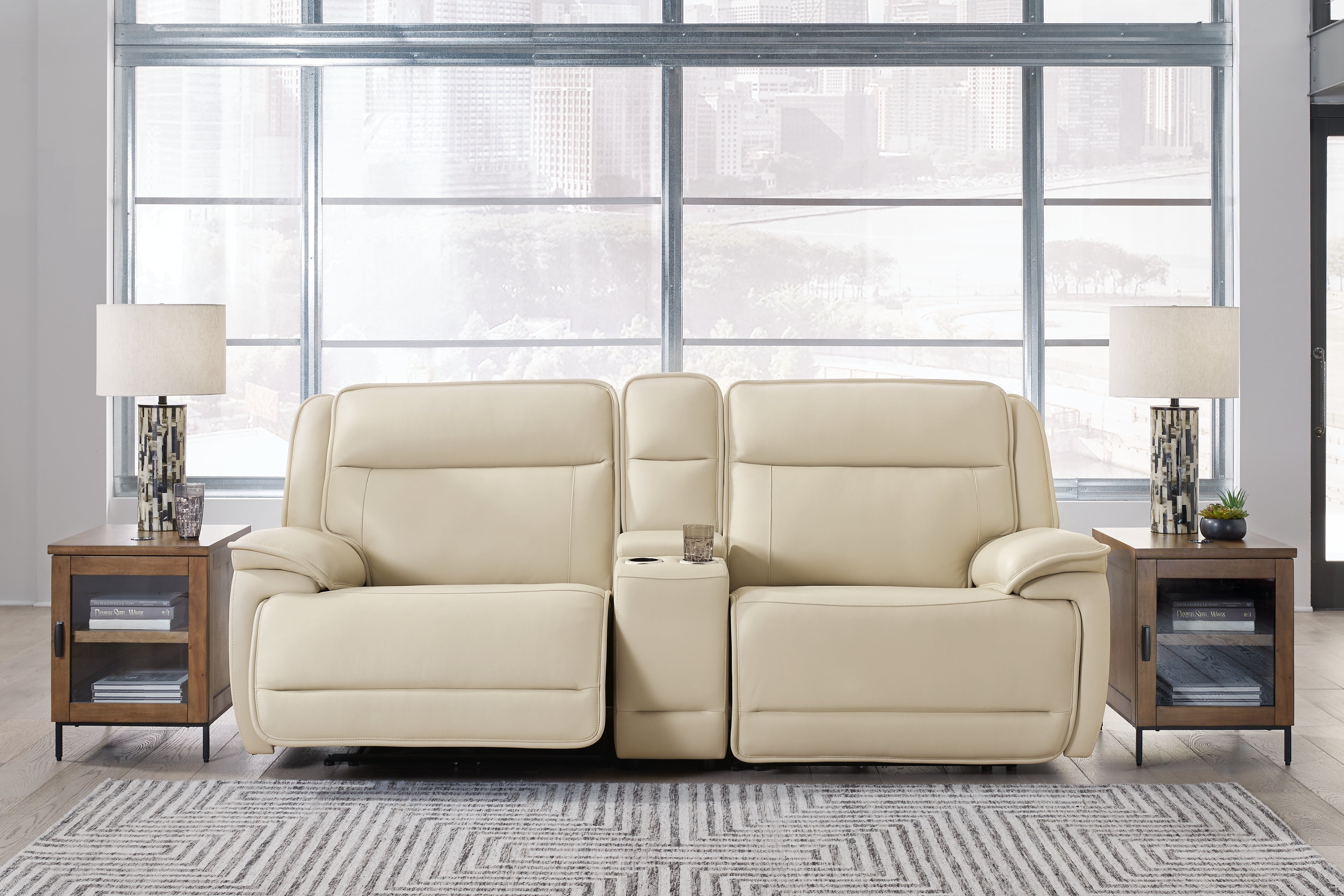 A2Z Furniture - Ashley Furniture - Double Deal Sectional - 3-Piece Power Reclining Loveseat Sectional with Console / Almond - U13001S4