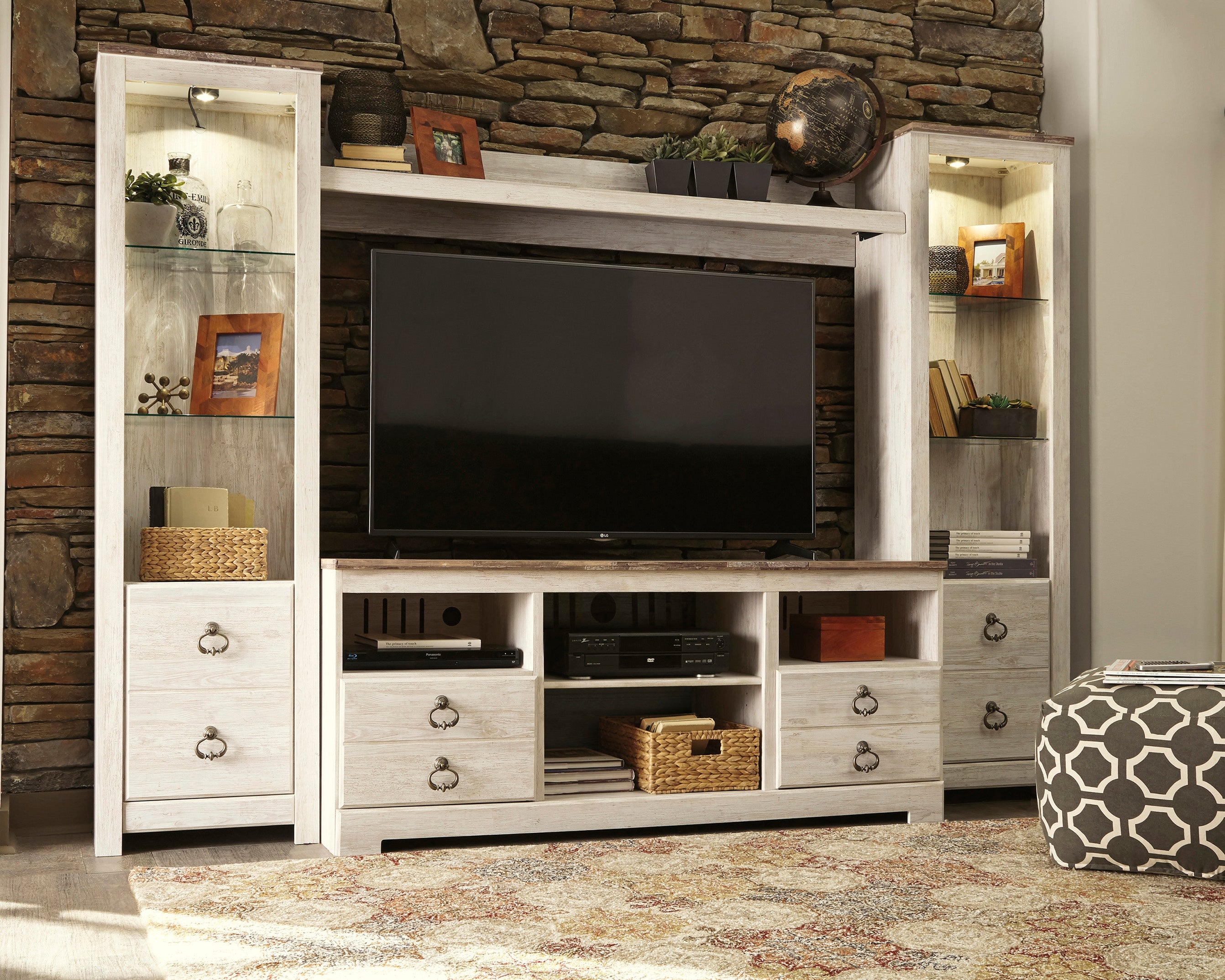 A2Z Furniture - Ashley Furniture - Willowton Entertainment Center - 4-Piece Entertainment Center / Whitewash - W267W3