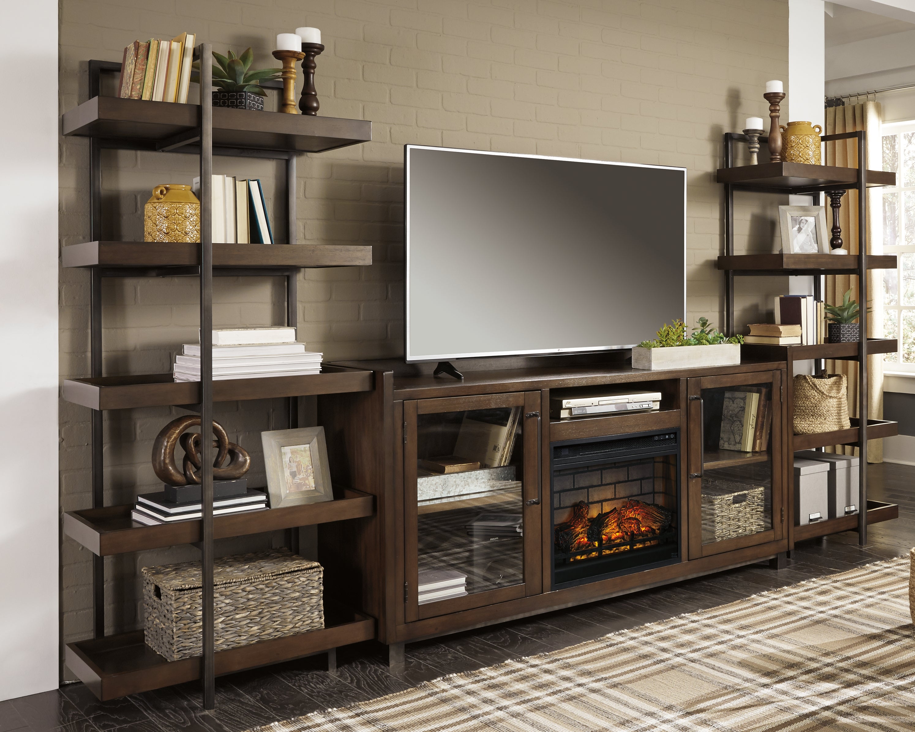 A2Z Furniture - Ashley Furniture - Starmore 3-Piece Wall Unit with Electric Fireplace - 3-Piece Wall Unit with Electric Fireplace / Brown/Gunmetal - W633W6