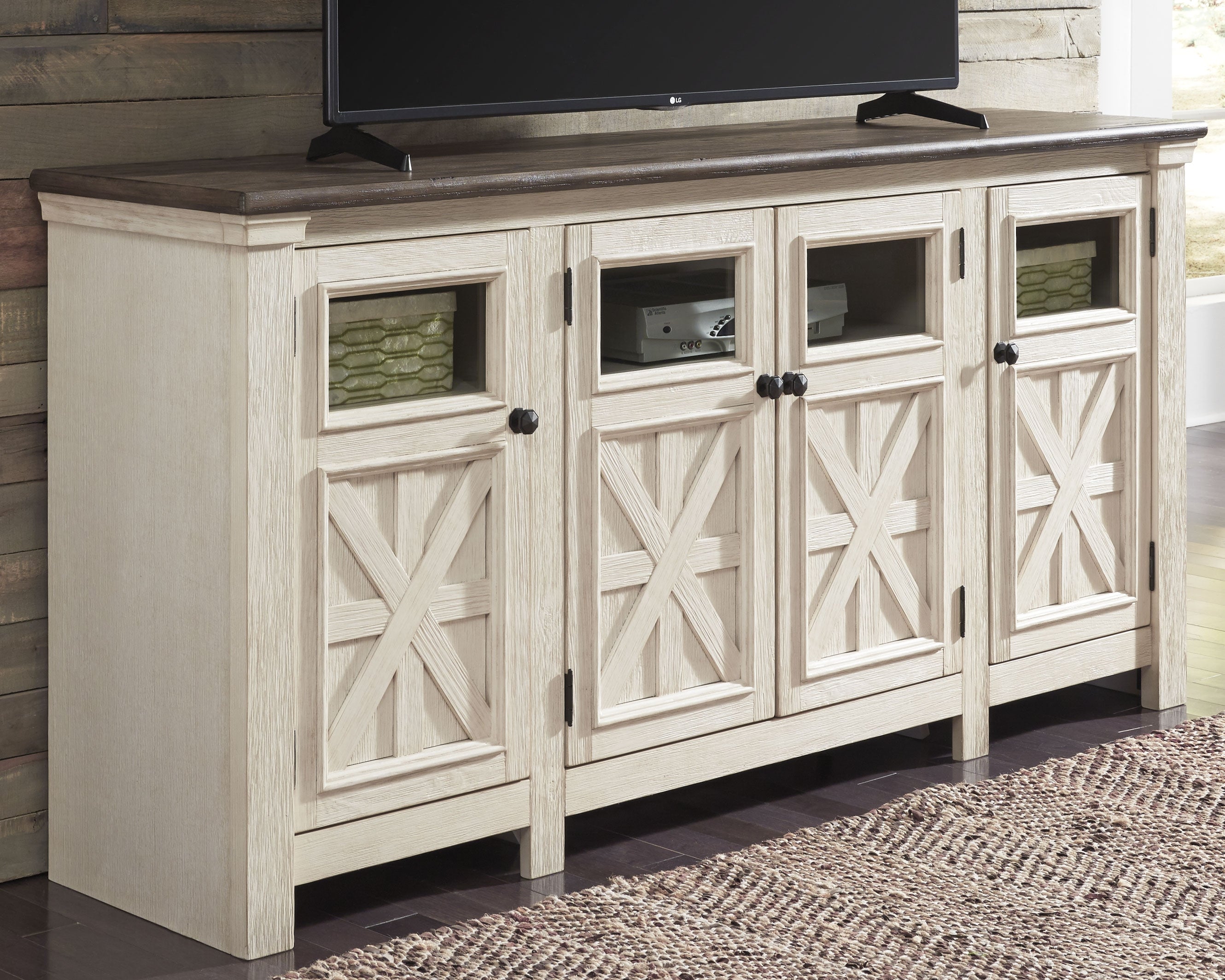 A2Z Furniture - Ashley Furniture - Bolanburg 74" TV Stand - 74" / White/Weathered Gray - W647-60