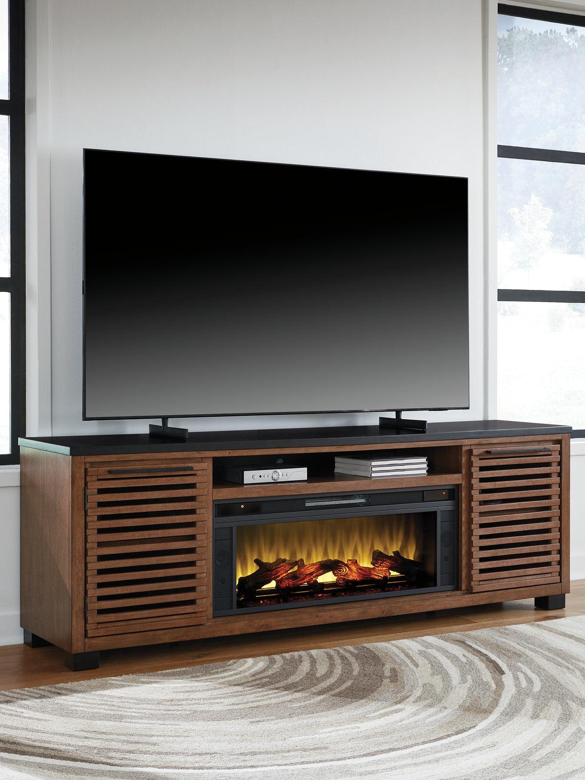 A2Z Furniture - Ashley Furniture - Kallari 84" TV Stand with Electric Fireplace - 84" TV Stand with Electric Fireplace / Warm Brown/Black - W737W1