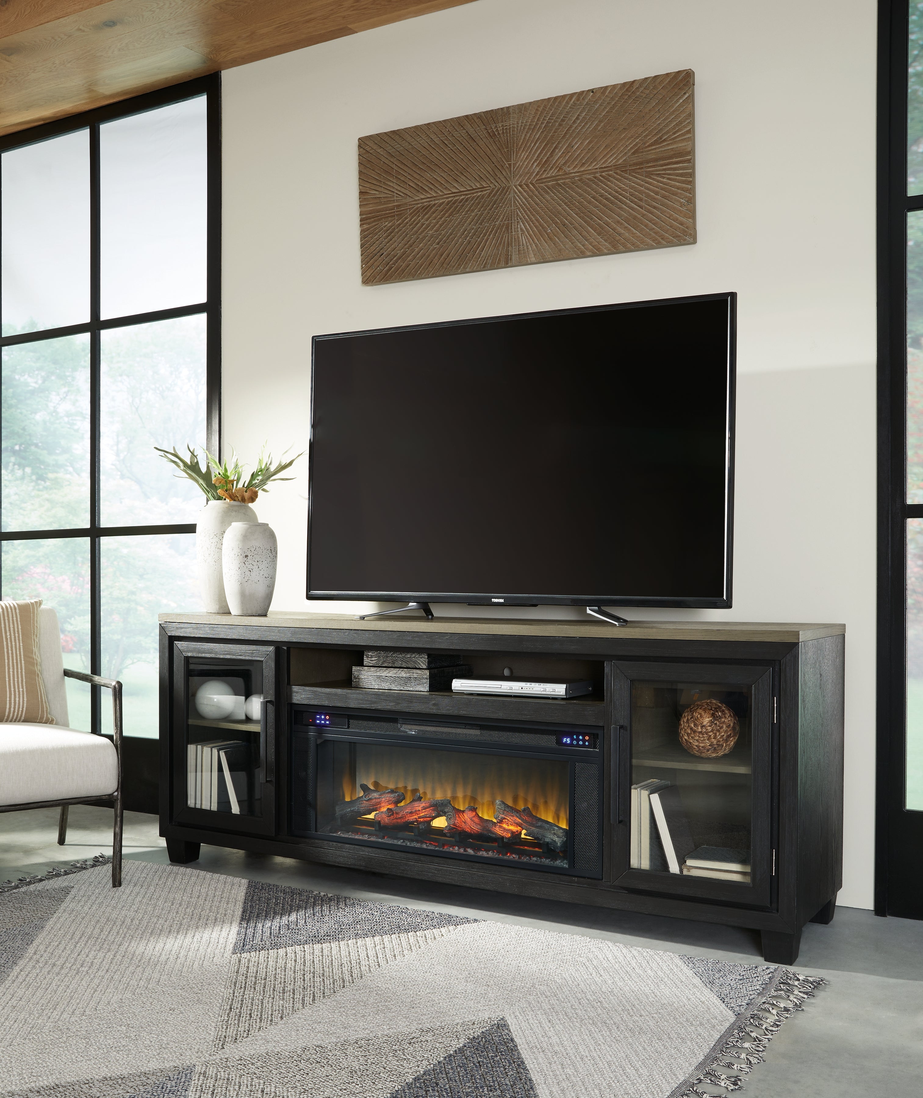 A2Z Furniture - Ashley Furniture - Foyland 83" TV Stand with Electric Fireplace - 83" TV Stand with Electric Fireplace / Black/Brown - W989W1